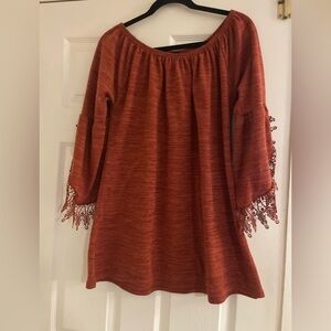 Win Win Rust Off-Shoulder tunic cottagecore Top laced trimmed bell sleeves L/XL